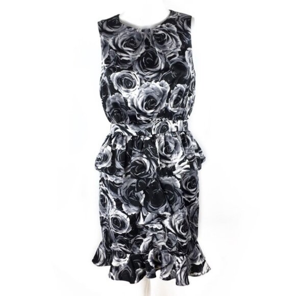 Kate Young Dress 16 Black Ivory Gray Floral Peplum Sheath Washable Faux Silk - Picture 11 of 11